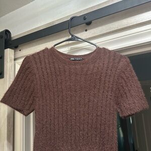 Zara Chocolate Fuzzy Knit Top
